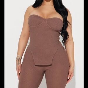 Brown Strapless Ribbed pant set